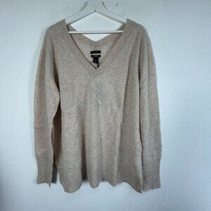 Halogen Womens V-Neck Sweater XXL Beige Oatmeal 100% Cashmere Pullover New $98